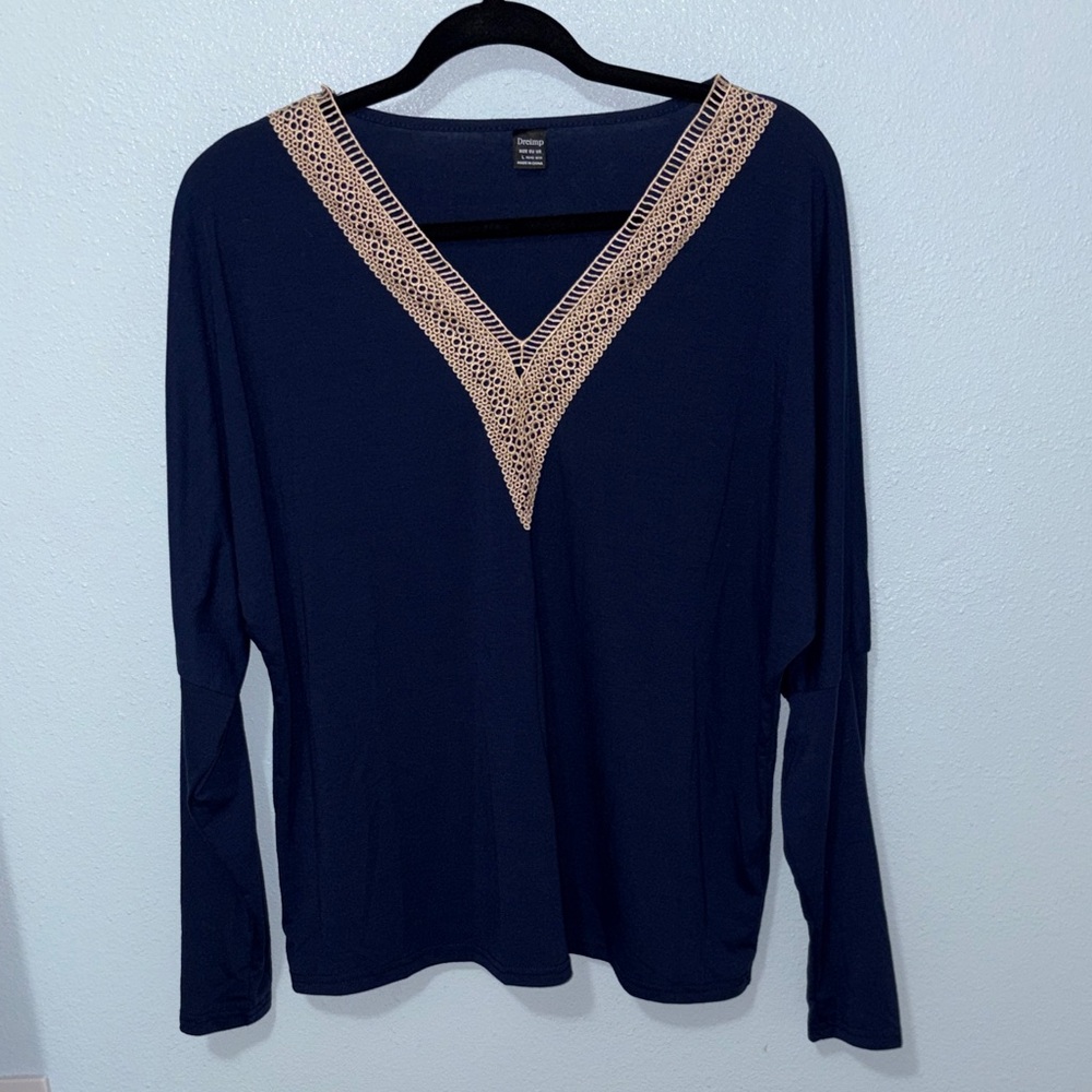 DROIMP Chic Navy V-Neck Blouse with Lace Trim large 40/42